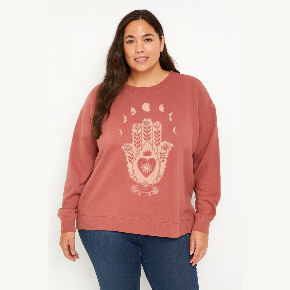 Lucky Brand Hamsa Moons Crew Sweatshirt in Dusty Cedar Plus Size 1X, NWT, NEW!